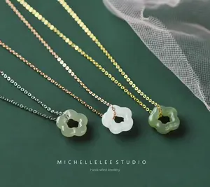 Freaswind Natural Green Jade Flower Pendant Necklace, Sterling Silver Choker with Natural Jade Ball, Gift for her, Adjustable Chain