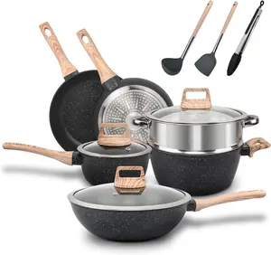 12pcs Pots and Pans Set Non Stick Kitchen Cookware Sets Induction Cookware Nonstick Granite Cooking Set with Frying Pans, Saucepan (Black),non-stick pots and pans set