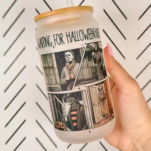 Waiting on Halloween like Glass Cup With lid and Straw, Funny Halloween Glass Tumbler with Bamboo Lid