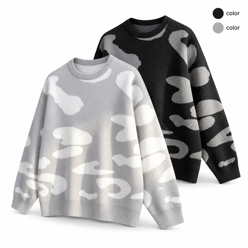 SAND SOUND Men's Loose Knitwear - Grey Cloud Print Camouflage Crewneck Long-Sleeve Chunky Polyester Pullover, Soft Fabric, Y2K Streetwear, Fall Winter Warm Unisex Outerwear for Teens, Halloween/Everyday Wear/New Year