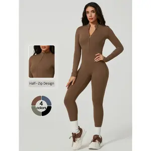 Women’s Sporty Jumpsuit, Workout Jumpsuit, Yoga Jumpsuit, High-Efficiency Fabric, Half-Zip Design, Adjustable Collar, Fashionable and Practical, One-Piece Integrated Style