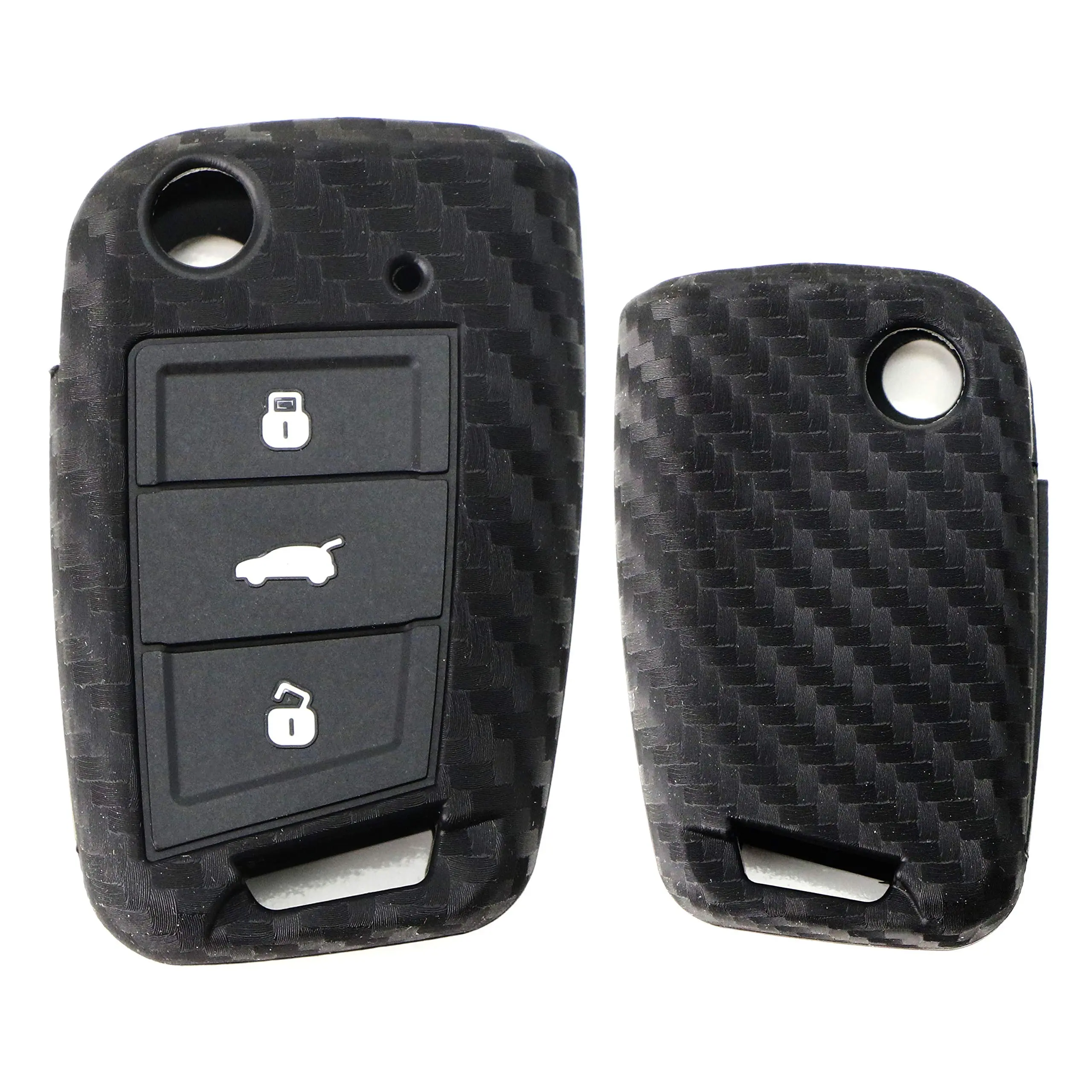 iJDMTOY Carbon Fiber Pattern Soft Silicone Key Fob Cover For Volkswagen: 2015-2020 MK7 Golf GTI 3-Button Flip Key ONLY (Black Twill Weave)