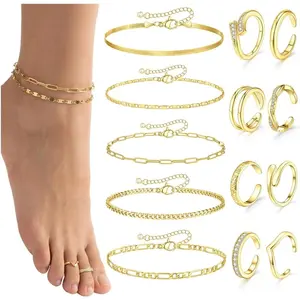 13Pcs Toe Rings and Ankle Bracelets for Women Silver Gold Layered Anklets Chain Adjustable Open Tail Toe Ring Beach Foot Jewelry for Summer