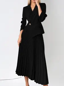 Women's Commuter Suit Collar Nine-Quarter Sleeve Pleated Solid Color Dress, Elegant Office Wear, Stylish Business Casual, Formal Wear