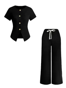 Women's Striped Knit Cardigan & Drawstring Wide Leg Pants Set, Buckle Design, High Waisted Loose Fit, Casual Fashion Womenswear