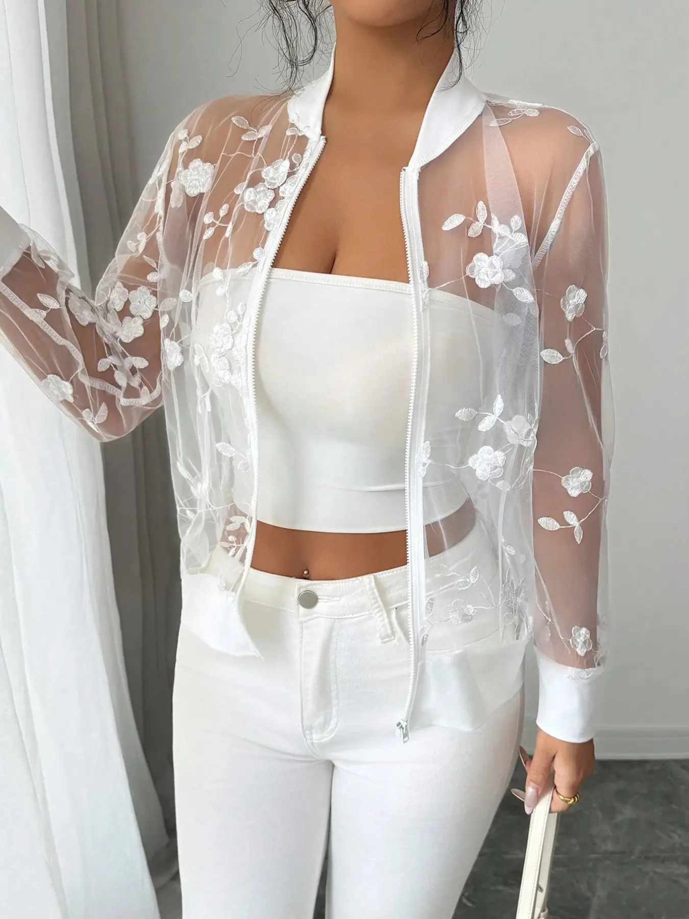 Women's Casual Floral Embroidery Mesh Zipper Lightweight Jacket for Spring & Summer, Breathable & Stylish Design