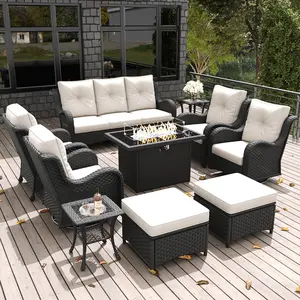 LayinSun 10Pcs Patio Furniture Set with Fire Pit Table, Rattan Wicker Swivel Rocker Chairs, Glider, Single Chairs, Ottomans & Coffee Table (Brown/Navy), Modern Style