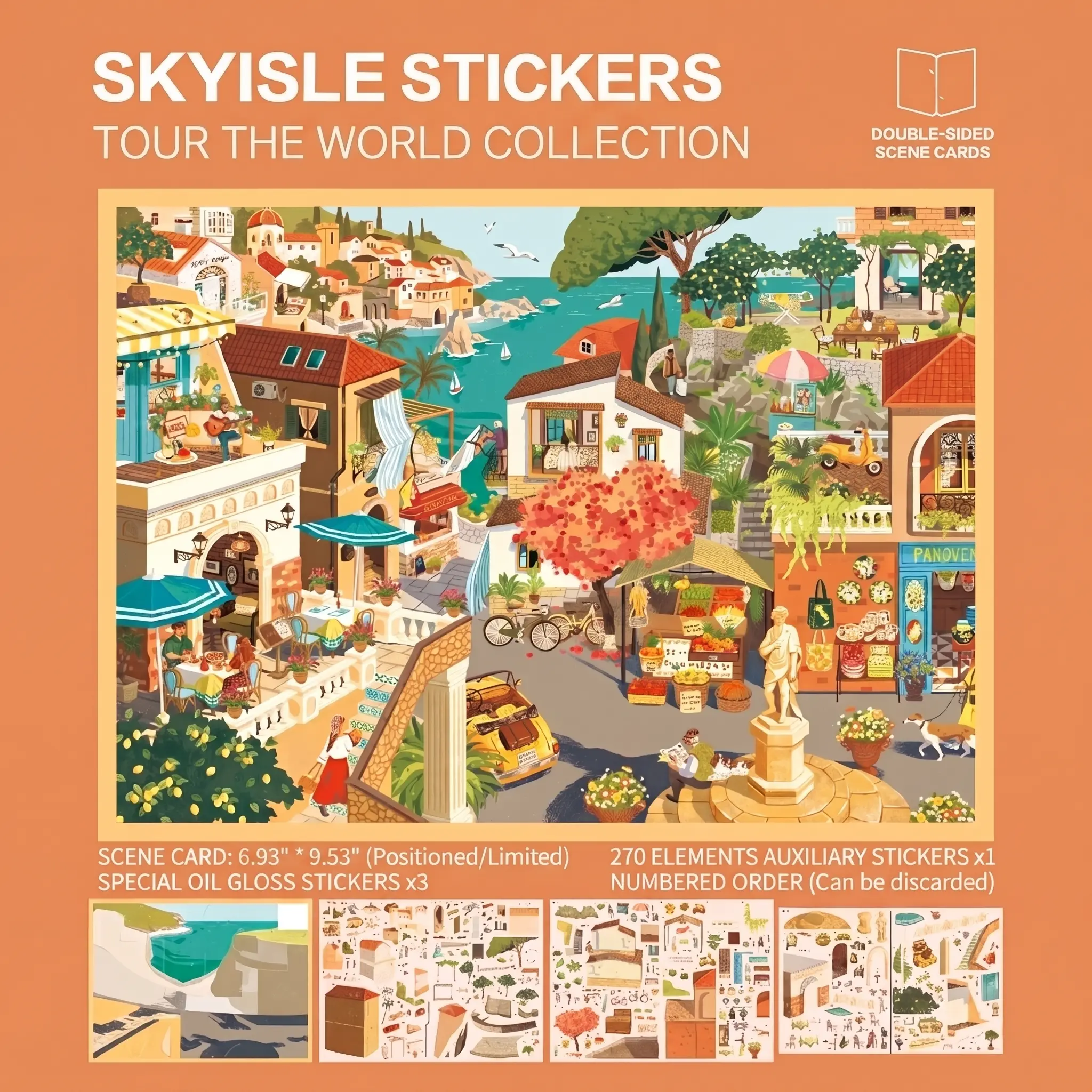 Sicily Italian Coastal Town Diorama Sticker Sheet - Numbered Sequential Waterproof Oil-Gloss PET Stickers with Mediterranean Buildings, Markets, Auxiliary Characters, Included Tweezers for Handmade Travel Journal Decoration