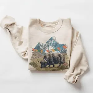 Vintage Himalayan Yak Sweatshirt - Tibet and Nepal Mountain Range Crewneck - Vintage Wildlife Adventure Pullover with Prayer Flags
