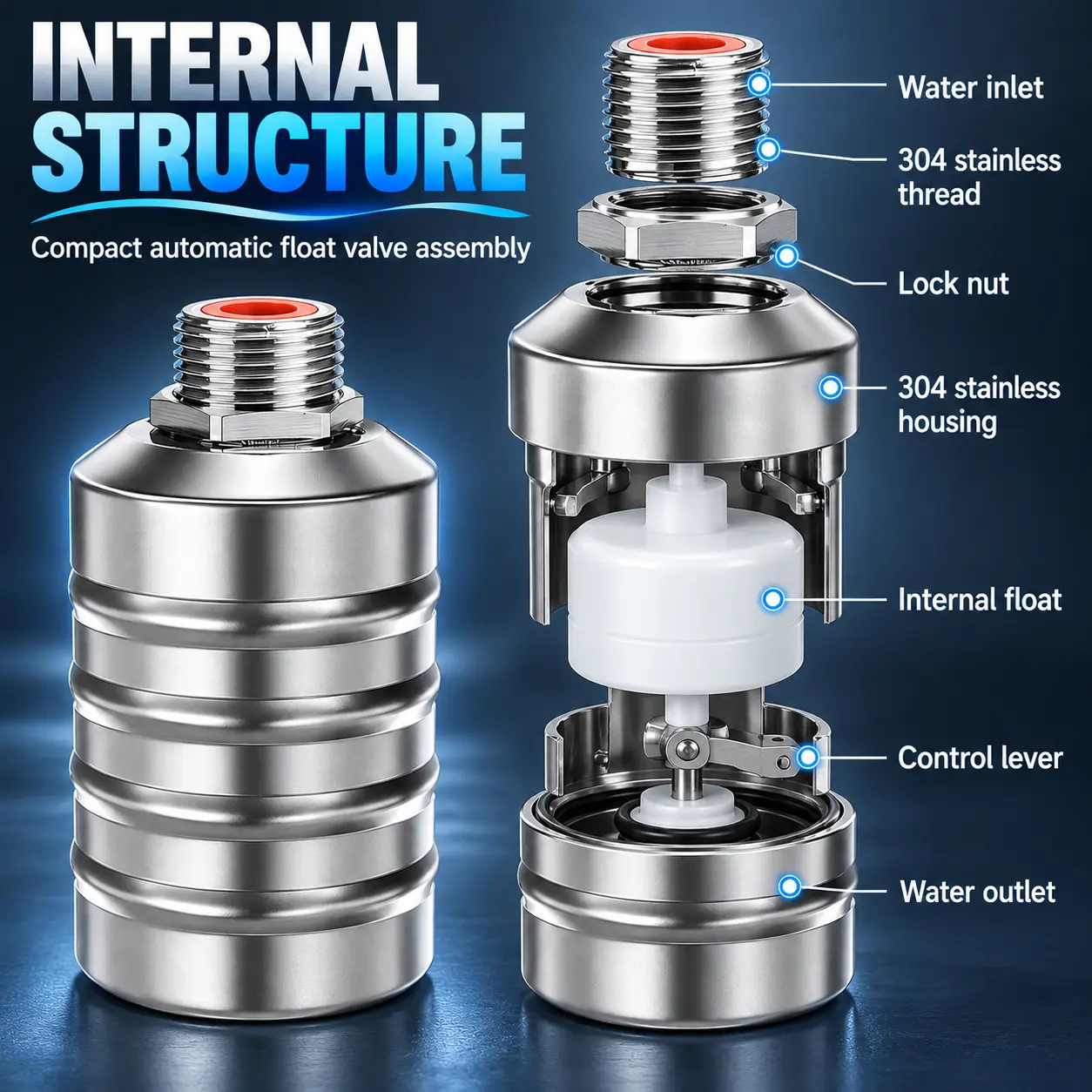 Fully Automatic Mini Floating Ball Valves - 304 Stainless Steel Auto Shut Off Level Control Valves, 1/2" Threaded Port，Upper/Side Intake, Easy Installation for Water Tank Safety & Plumbing Parts