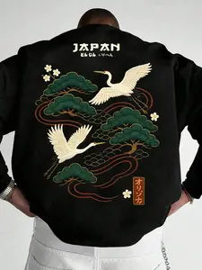 Japanese Style Crane Print Long Sleeve Hoodie, Casual Streetwear for Fall & Winter, Unisex Loose Fit, Available in Five Sizes