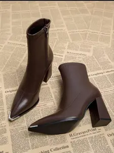 Women's Fashionable Comfort Boots Spring & Fall 2026, Stylish Slimming Pointed Toe Chunky Heel Short Booties, PU Material