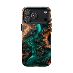 Emerald Teal Resin Walnut Wood Print Phone Case: iPhone 17 17e 16 15 14 13 12 Pro Max Air | Galaxy S26 | MagSafe Wireless Charging