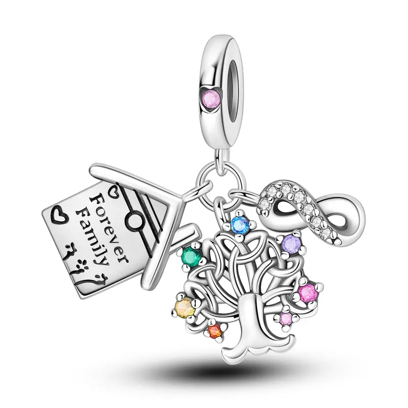 MULA Silver Plated Tree of Life & Infinity Charm with "Forever Family" Tag & Colorful CZ, Meaningful Dangle Bead, Fits Most Bracelets & Necklaces, Gift for Mom