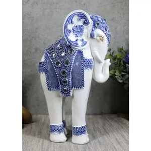 Ebros Feng Shui Ming Style Blue and White Ornate Design with Crystals Resting Elephant Statue 9.25" High