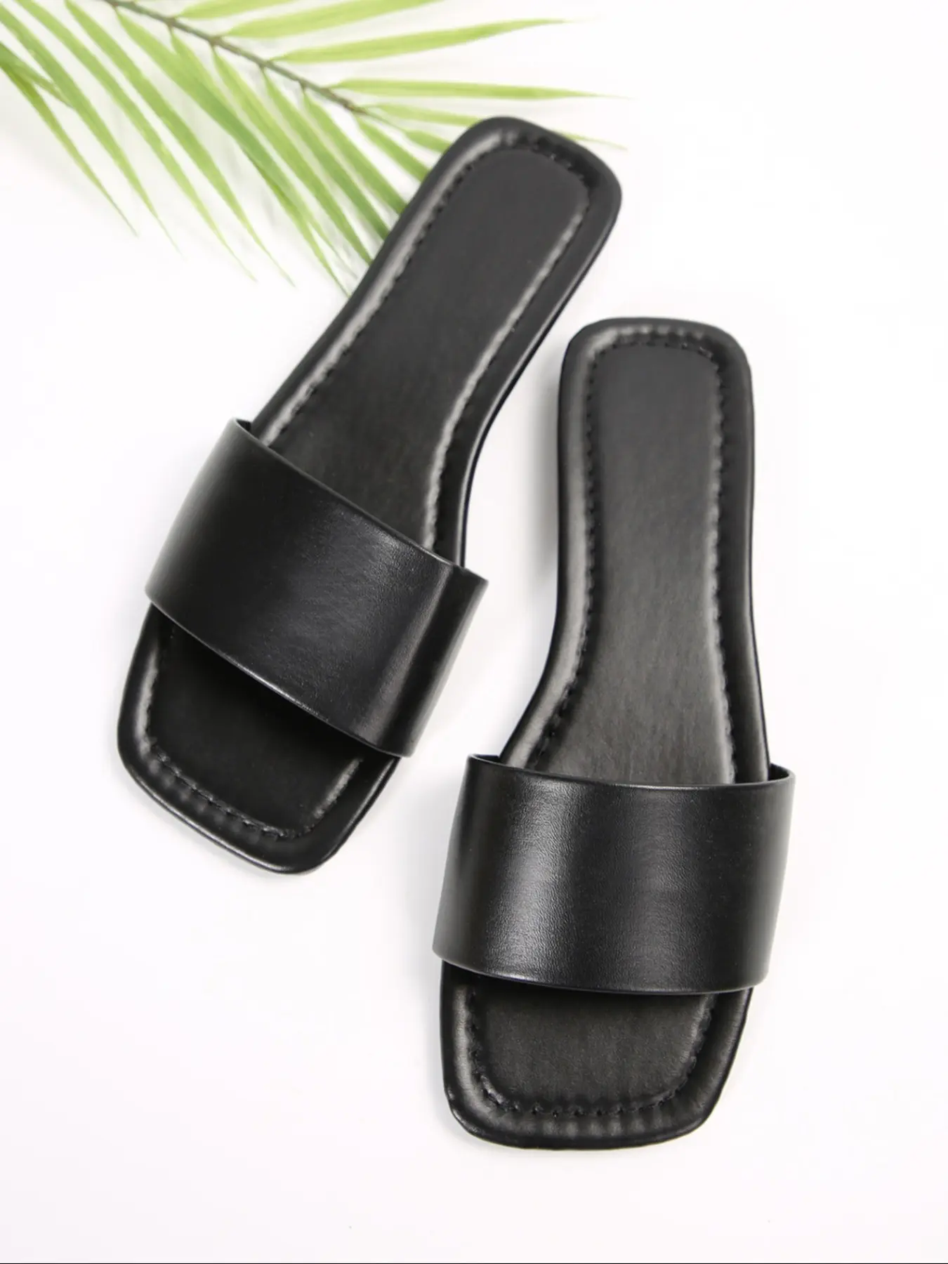 Summer Women's Fashion Slippers, Square Toe Plain Color Casual Flat All Match Sandals, Perfect for Home & Office Wear, All-Season Practical Shoes, PU Leather Sandals, Casual Summer Footwear