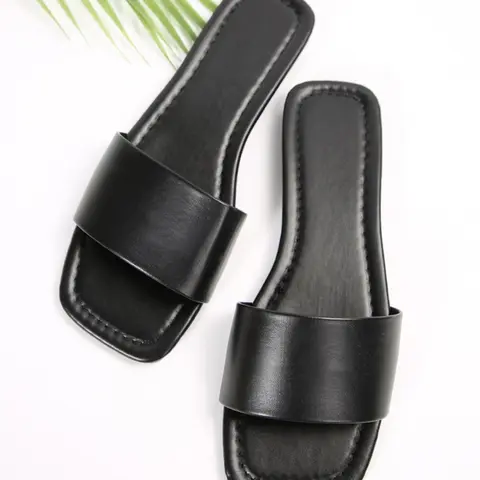 Summer Women's Fashion Slippers, Square Toe Plain Color Casual Flat All Match Sandals, Perfect for Home & Office Wear, All-Season Practical Shoes, PU Leather Sandals, Casual Summer Footwear