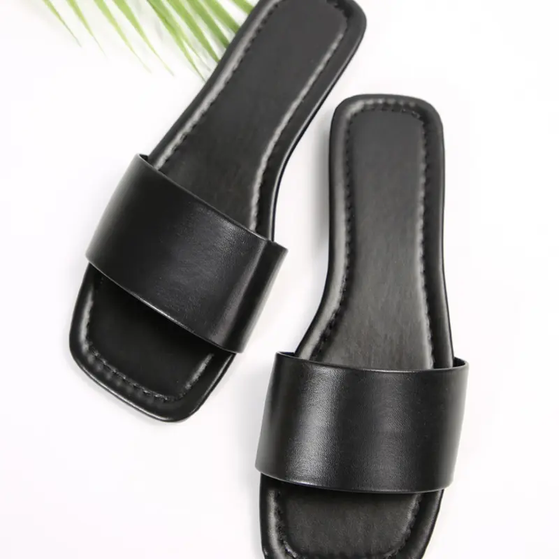 Summer Women's Fashion Slippers, Square Toe Plain Color Casual Flat All Match Sandals, Perfect for Home & Office Wear, All-Season Practical Shoes, PU Leather Sandals, Casual Summer Footwear