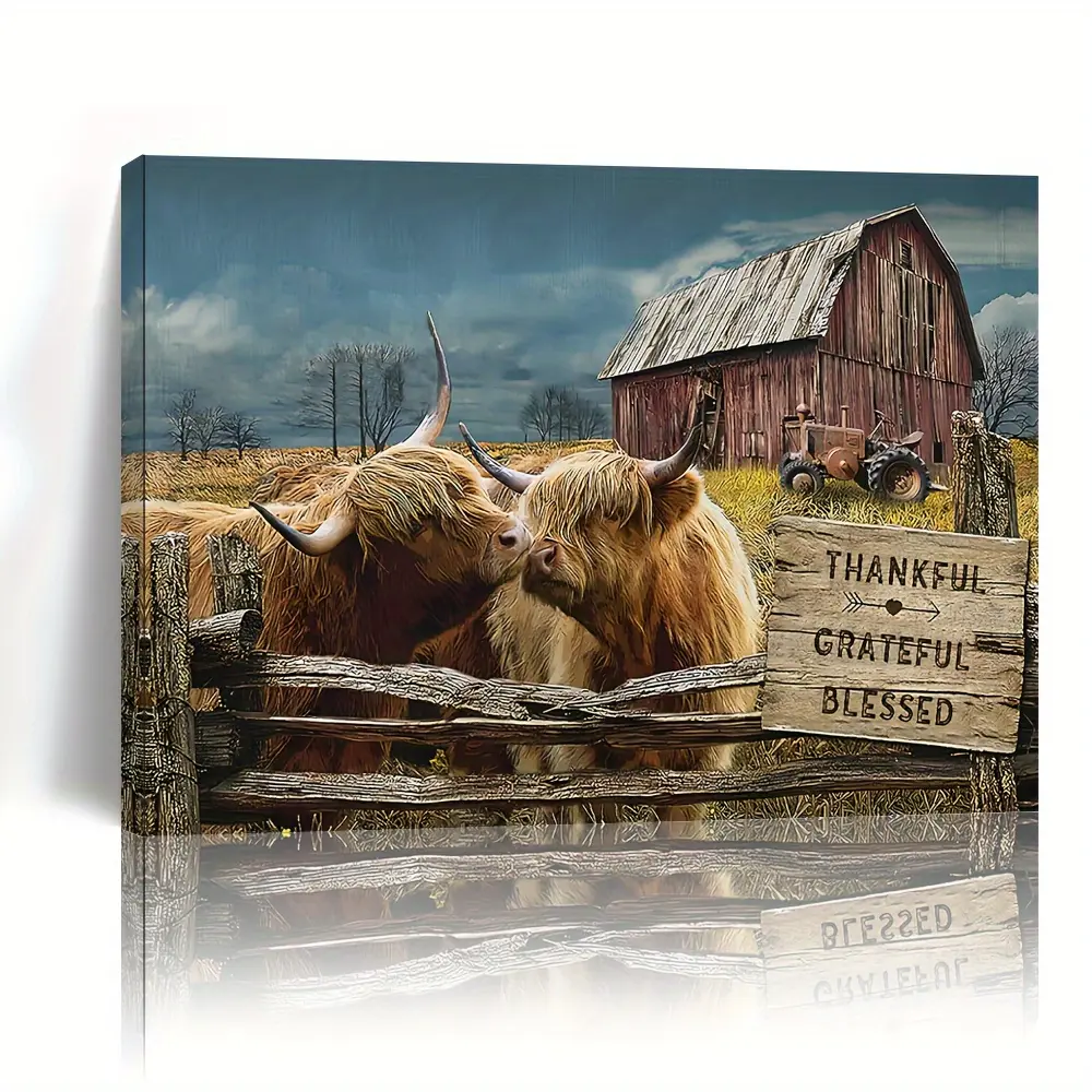 1-Piece Farmhouse Highland Cow Canvas Wall Art Print - Ready to Hang Animal Decoration, Farm Decor, Living Room Decor for Indoors, Holiday Gift for Her/Him, Animal Design, Home Inspo