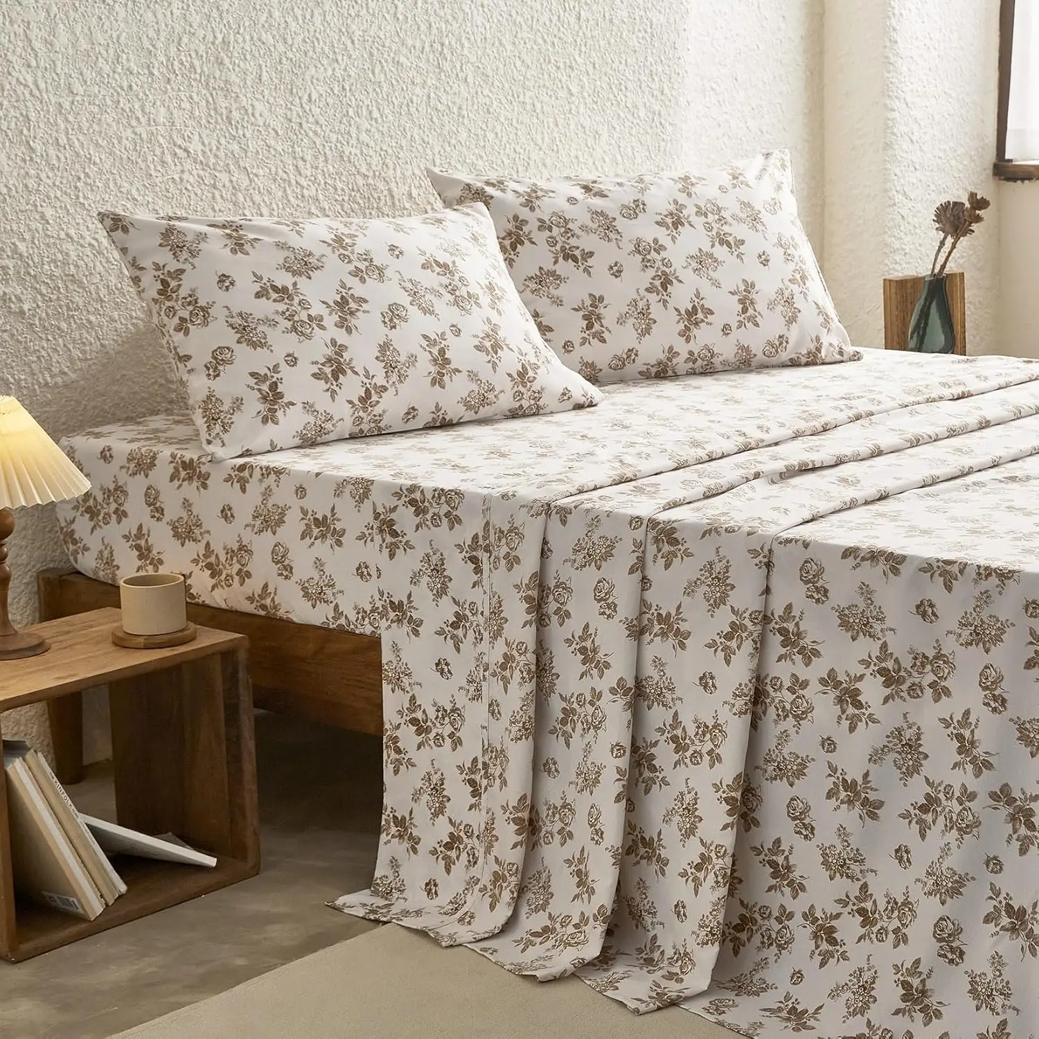 - Floral Bed Sheets, 4- Sheet Set, Shabby Chic Botanical  Cottagecore Vtage Flower  Prted Beddg, Deep Pocket, Brown Taupe,  Size