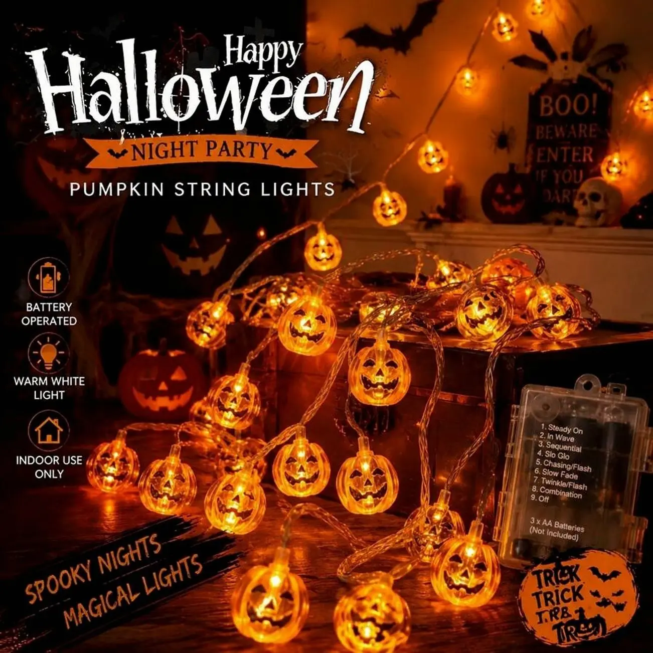 20 LED Halloween Pumpkin Shaped String Lights Battery Powered Hanging Decoration Cute Jack O Lantern Scary Party Decor, Halloween Decorations