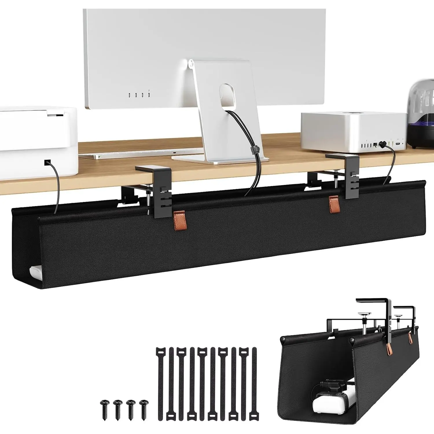 30" No-Drill Under Desk Management Tray - Sturdy Fabric Cord Organizer with Table Clamp/Screw Mount, Cord Holders for Cables, Computer Desk Accessories for Office