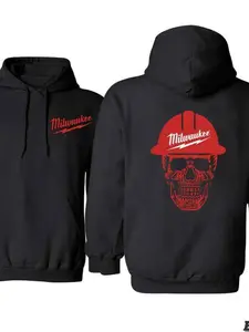 Milwaukee Tool Hoodie with Safety Hat, Skull Design Fitted Workwear Sweatshirt, Unisex Casual Winter Pullover