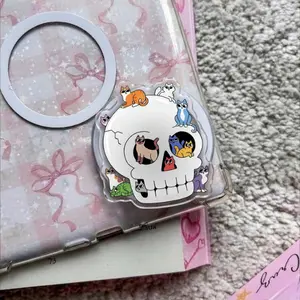 Skull Is Full Of Cats Phone Grip, Spooky Cute Acrylic Griptok, Whimsical Pastel Goth Skeleton Head Phone Stand, Funny Kitten Infested Skull Tech Accessory, Gift for Cat Lovers