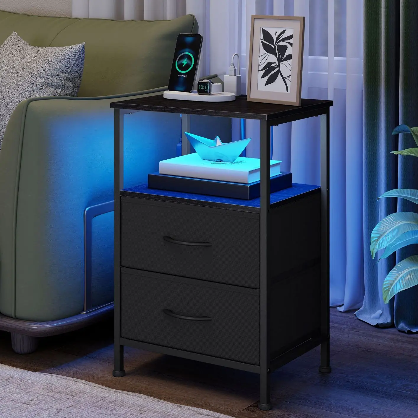 Bedroom Bedside Table with LED Lights and Charging Station, Nightstand with 2 Drawer and 1 Shelf