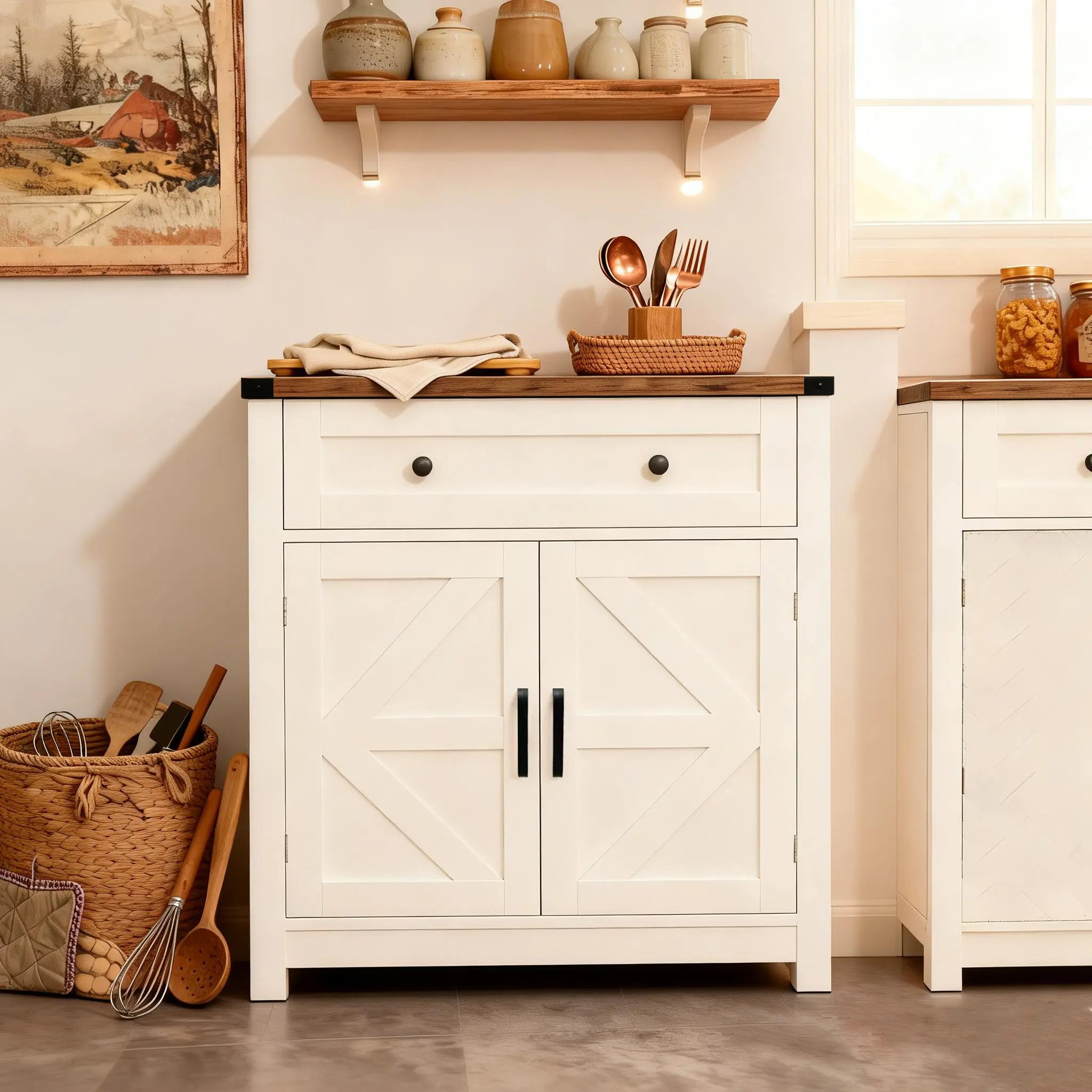 Rustic French Country Sliding Barn-Door Sideboard Cabinet - Compact Fit Indoor Cupboard with Hidden Storage, Drawer for Smalls, Adjustable Shelves, Coffee Bar Buffet, Fits Tight Entry, Various Room Types