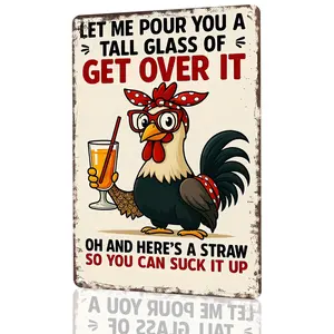 Sassy Rooster "Get Over It" Aluminum Metal Sign 8x12 Inch Vintage Textured Wall Art for Home, Living Room, Bedroom, Dining Room, Man Cave Decor