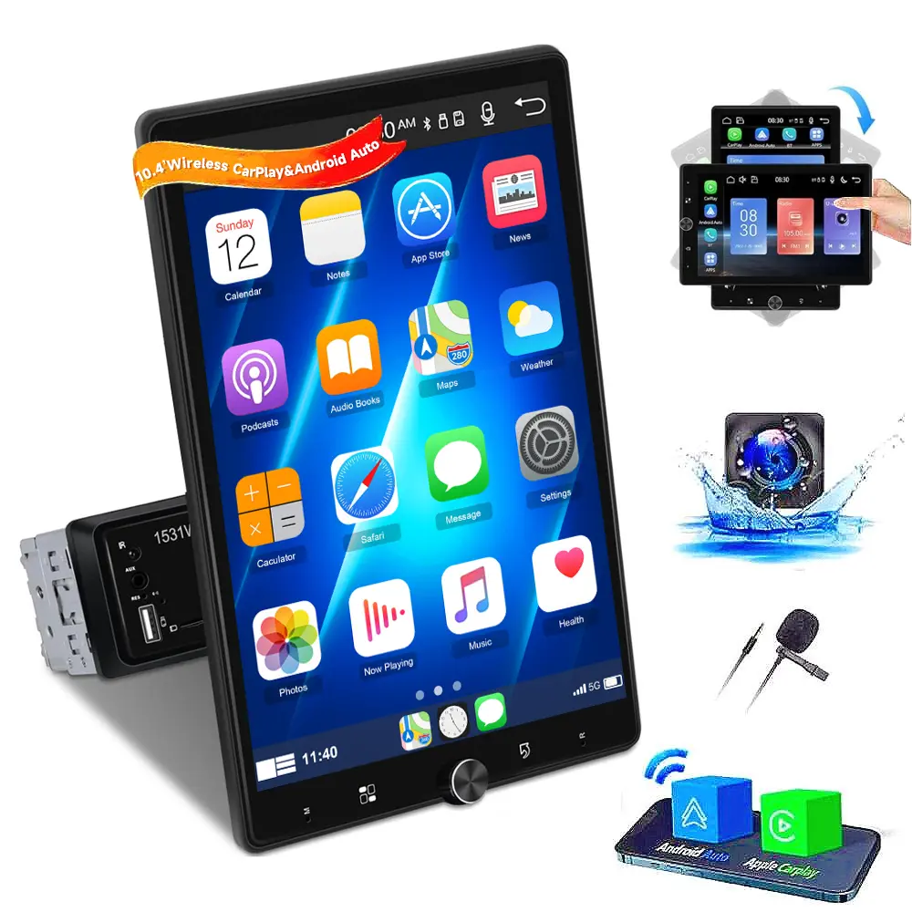 RIMOODY Single Din Bluetooth Head Unit Car Video Player - 10.4-in 180° Rotatable Touchscreen, Wireless CarPlay&Android Auto, FM Radio, USB EQ, Backup Camera&MIC, Aux Import, HD Dashboard Screen with Navigation, Car-Mounted Media Display Stereo, Bluetooth,