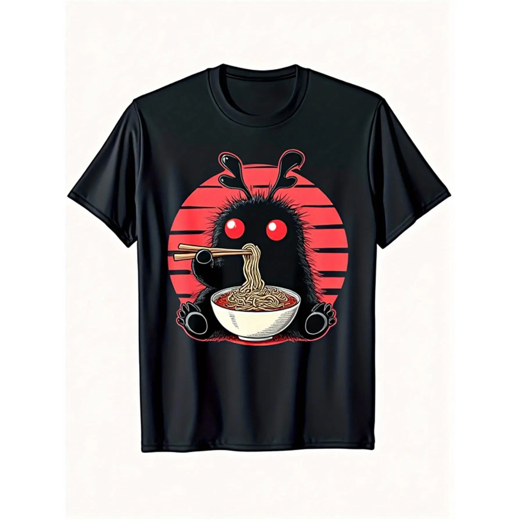 Women's Graphic Tshirt with Kawaii Mothman Ramen Print, Classic Round Neck Cotton Knit Pullover, Shortsleeve Top for Easter & Thanksgiving, Fabric, Stretch, Heat-Transfer