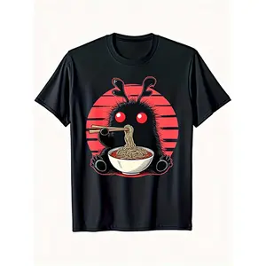 Japanese Mothman Ramen Anime Graphic Tee - Kawaii Mothman & Ramen Design T-Shirt  Neck Casual Shirt for Men - Black Red-Orange All-Season Anime Apparel for Kawaii Fashion and Casual Wear