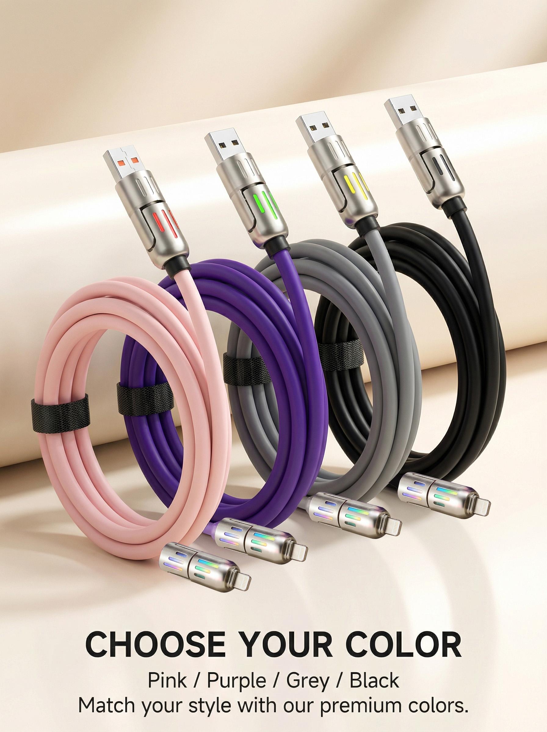 [Buy 1 Get 1 Free] 4-in-1 Multi Charging Cable 6.6ft, 65W Fast Charging & Data Sync Cord with USB A Type C Lightning Port, LED Breathing Light Universal Charger Cable for iPhone 16/15 iPad Pro All Smart Devices