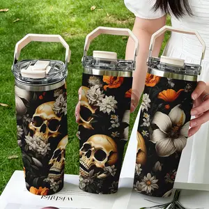30oz Stainless Steel Handheld Mug, Skull Print Design, Dual-Layer Vacuum Insulated Cold & Hot, Portable Travel Cup, Gift for Parents Friends Teachers