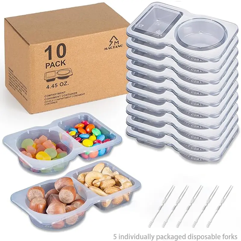 10Pcs  Condiment Container with Lid  Double Compartment Snack Containers for Sauce, Sampling & Travel Snack (Transparent) Kitchen Utensils Leak Proof Canisters Reusable Storage Tin