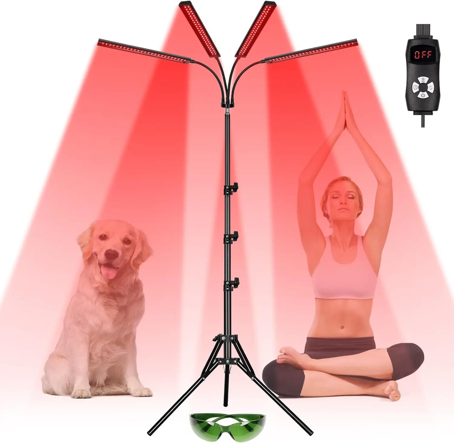 SAVILER® Red Light Therapy Lamp for Face and Body, 4-Head Light Therapy Device with Adjustable Stand, 3-In-1 Chip 660Nm Red Light & 850Nm near Infrared Light for Skin Care, Muscle Comfort, Home Use