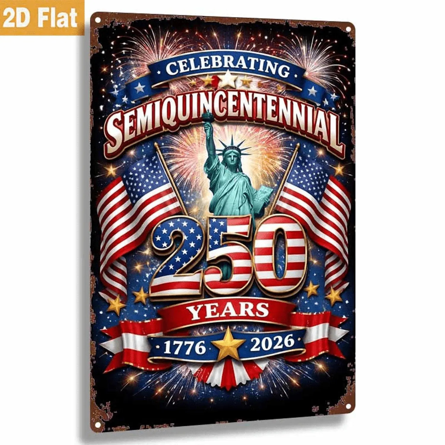 1pc Prints 2D Flat 250th Anniversary of American Independence Statue of Liberty with National Flag and Fireworks Decorative Art Perfect for Living Room Kitchen Wall Decor
