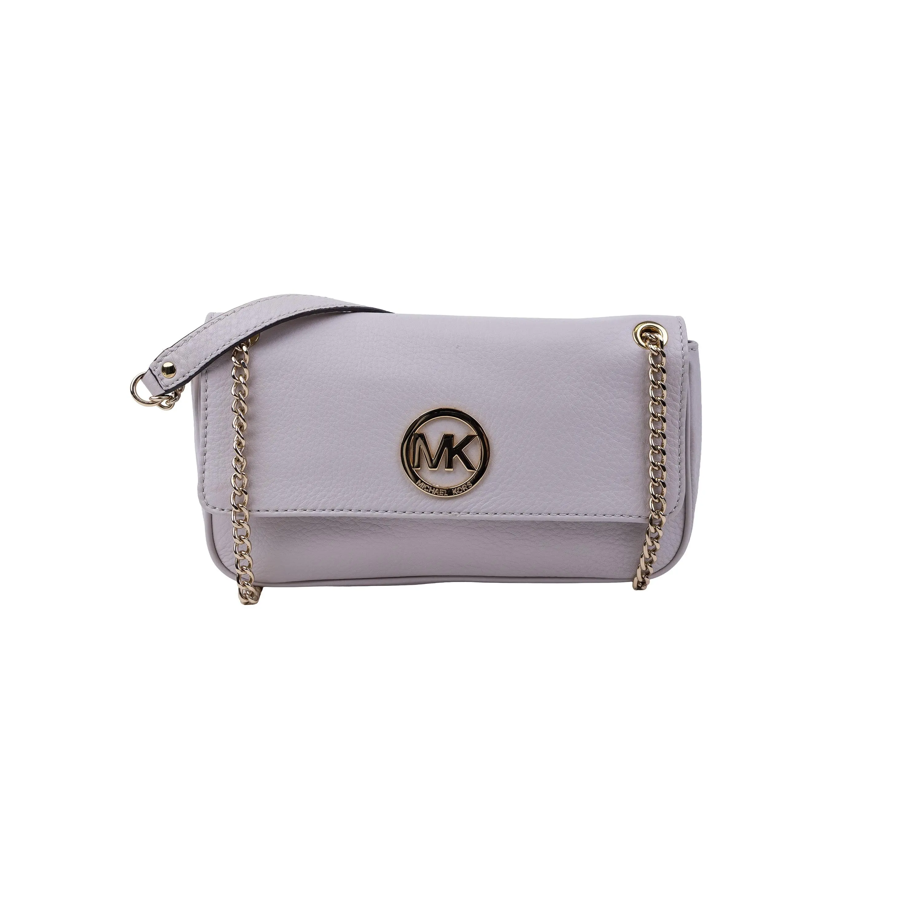 Pre-owned Leather Shoulder Bags Michael Kors Optic White Pebbled Chain Flap Handbag Small Gold Hardware