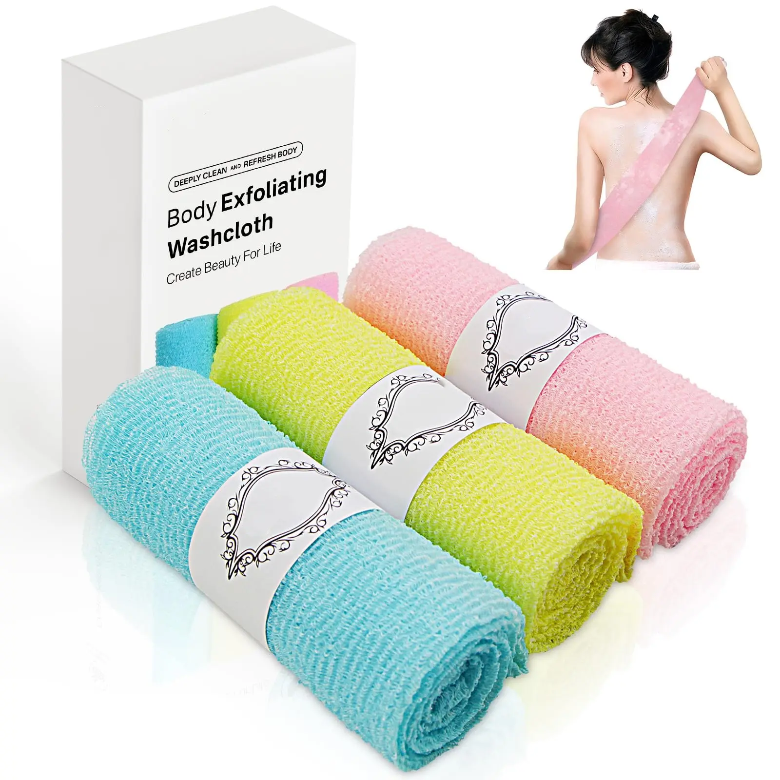 3-Piece Reusable Exfoliating Washcloth Towel Set - Japanese & Korean Personal Body Scrubber for Shower Bath - Deep Cleaning, Gentle Exfoliation - Extra-Long, Quick-Drying, Breathable - Soap-Compatible Beauty Products for All Skin Types