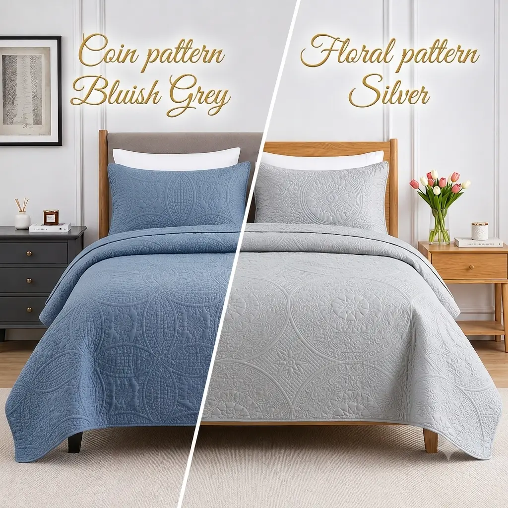 Cooling Summer Quilt Set - Ultra Soft All-Season Bedspread for Hot Sleepers - Lightweight 3-Piece Coverlet Bedding Set with Modern Geometric Coin & Floral Pattern