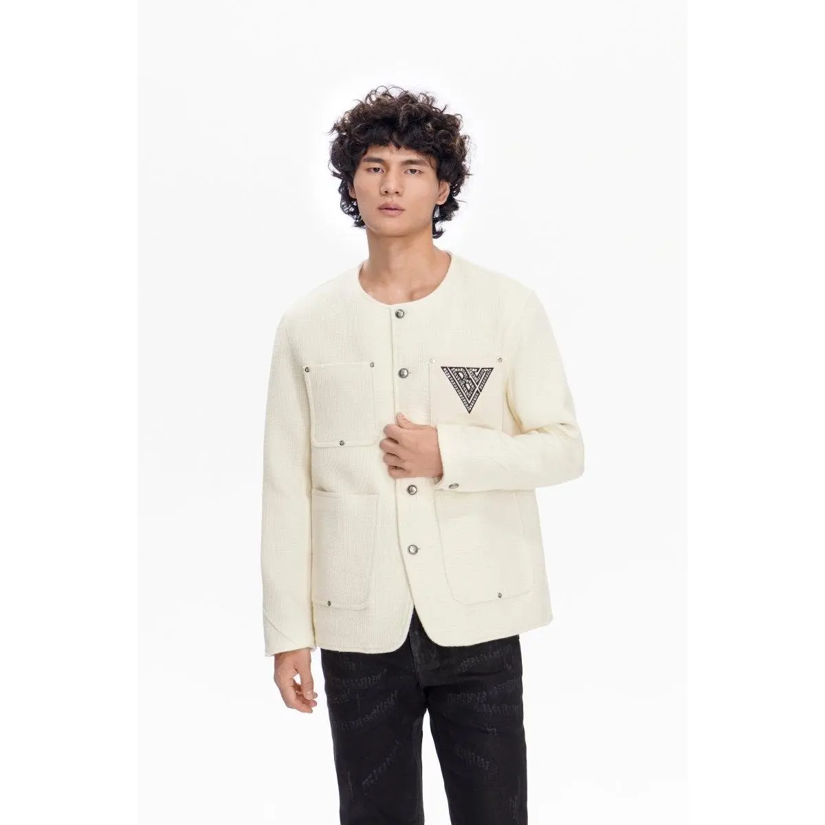 Men's Atelier Woven Cream Coat - Premium Fabric Utility Jacket, Relaxed Fit Menswear Top with Embroidered Details, Tops, Coats, Shirt, Solid, Metallic, Multi-Function, Stylish, Button, Casual