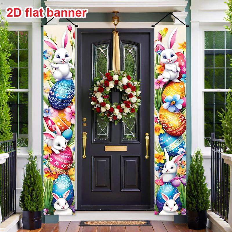 1 pair of Easter Happy Porch Banner set, 11.8x70.8 inches, featuring Happy rabbit and Easter egg designs, Easter and spring door decorations, suitable for both indoor and outdoor use, perfect for front porch, terrace, and garage