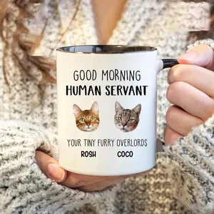 Upload Photo Good Morning Cat Human Servant Mug, Custom Coffee Mug Gift For Cat Lover, Cat Dad Mug Gift, Black Cat Mug, Custom Cat Owner Mug, Cat Lover Gift, Fathers Day Mugs