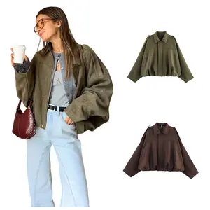 Womens Faux Suede Bomber Jacket Casual Lapel Pilot Jackets Coat Oversized Long Sleeve 2026 Fashion Outerwear