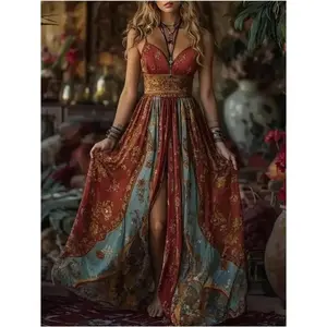 2026 New Autumn Court Print High Slit Maxi Dress, Bohemian Style Spaghetti Strap Maxi Dress, Elegant Ethnic Style Long Gown Formal Womenswear