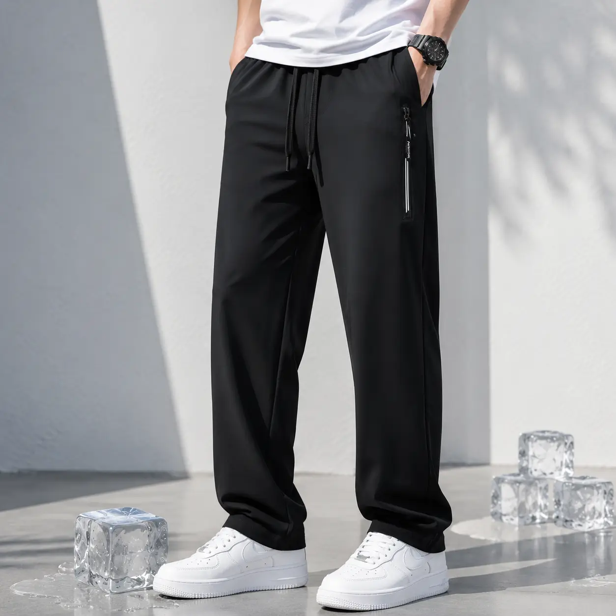 Men's Beige Plain Trouser - Unisex, Sporty Chic, Mid Waist, Elastic Waistband, Letter Zipper Pockets, Quick-Dry, Breathable, Straight-Leg, Multi-Size, Outdoors, Gym Wear, Ideal Hot & All-Season Use, Great Gift, Quick-Dry Fabric