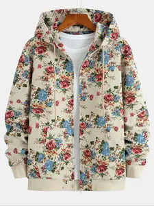 Men's Hooded Zipper Jacket Coat, Woven Chunky Yarn Jacquard Knit Sleeves, Plant Floral, Pockets, Casual Sportswear, Long Sleeve Fall Winter Outerwear, Casual Loose-Fit Sweatshirt