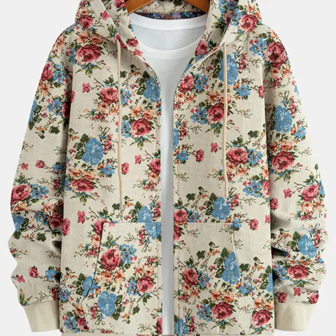 Men's Hooded Zipper Jacket Coat, Woven Chunky Yarn Jacquard Knit Sleeves, Plant Floral, Pockets, Casual Sportswear, Casual Fashionable Outerwear, Knitted Fall Winter Outerwear, Casual Loose-Fit Sweatshirt, Floral Print Hoodie